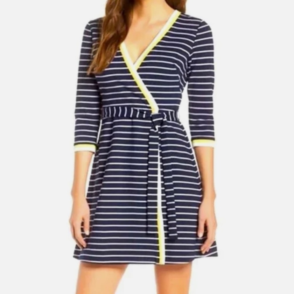 1901 Faux Wrap Dress Womens Sz 16 Navy Blue Striped Belted Back Zip Casual Knit